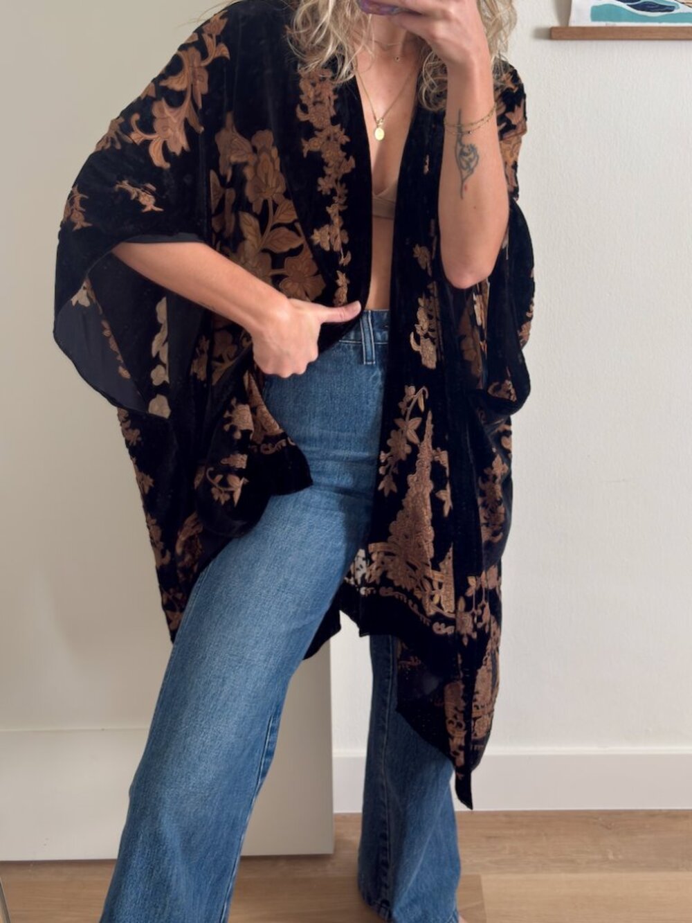 Velvet Burnout Kimono Shawl Black Brown Floral Boho Wrap